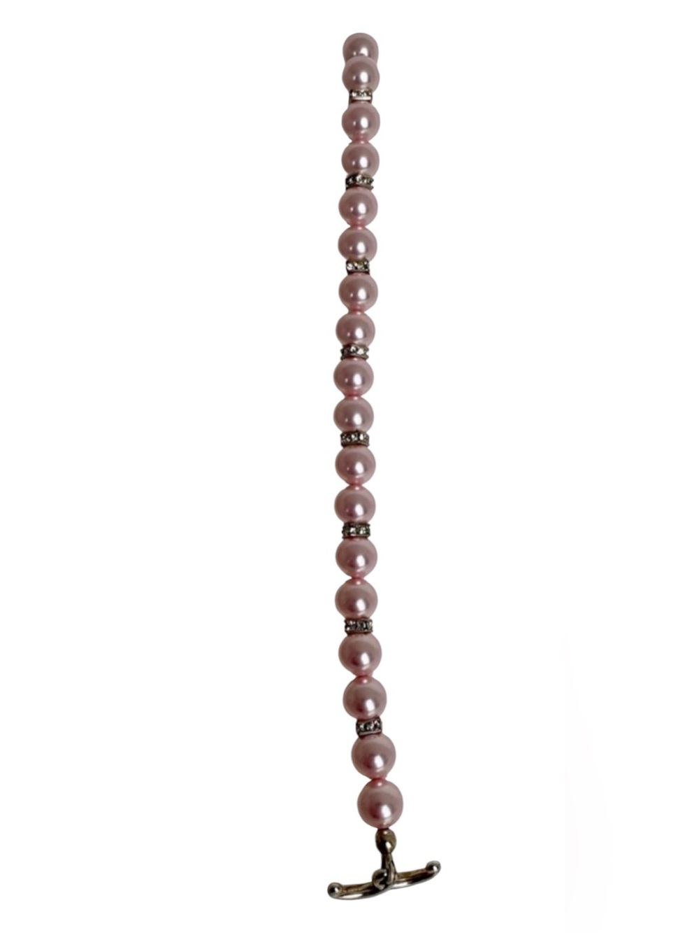 Pink Faux Pearl Heart Toggle Bracelet Rhinestone Beaded Silver Tone 8.5” - Picture 4 of 4